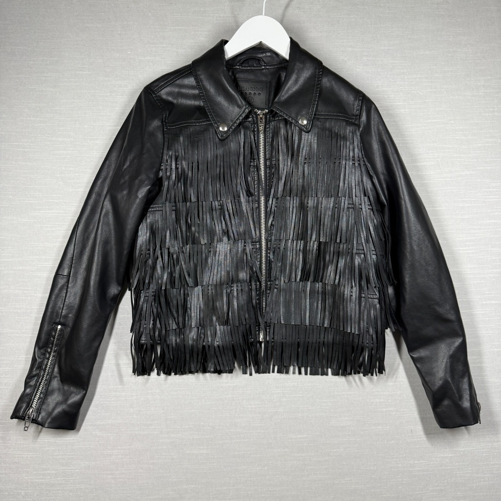 Blank NYC Faux Leather Jacket Womens Medium Black Tassels Grunge Punk Fringe